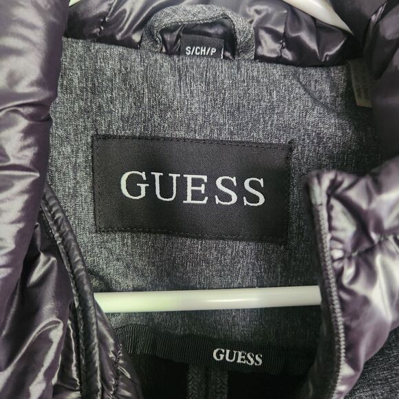 Guess Women Small Long Sleeve Black Gray Hood Trench Pea Coat Puffer Jacket FLAW - Picture 4 of 16